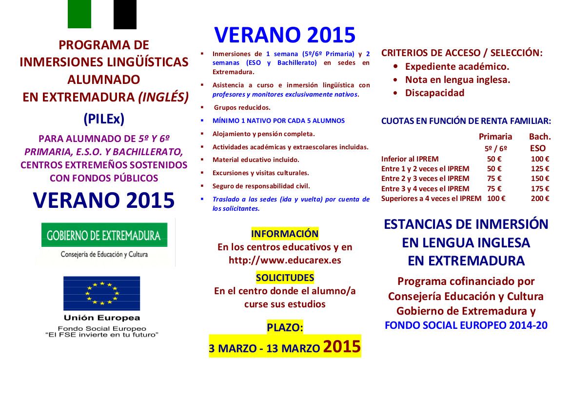 TRIPTICO inmersiones inglés alumnado Extremadura PILEX 2015